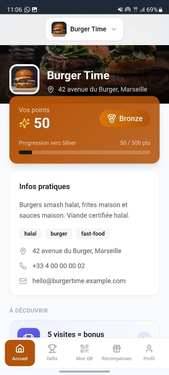 Accueil client — application RegalClic, Points, niveau et infos du restaurant