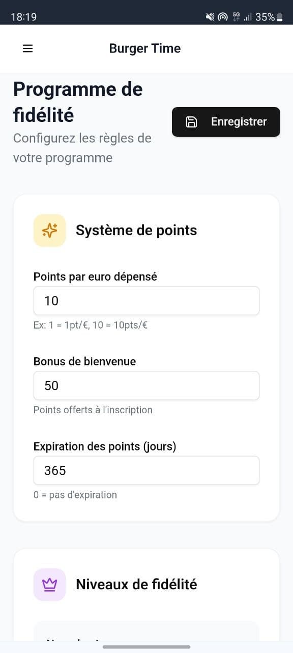 Écran Programme de fidélité RegalClic : règles de points et paramètres
